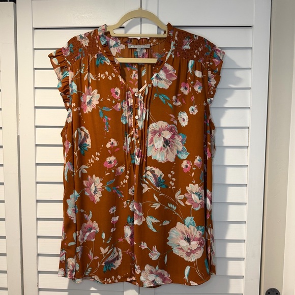 Daniel Rainn Tops - NWT Daniel Rainn XXL Copper Rust Foral Ruffle Cap Sleeve Blouse